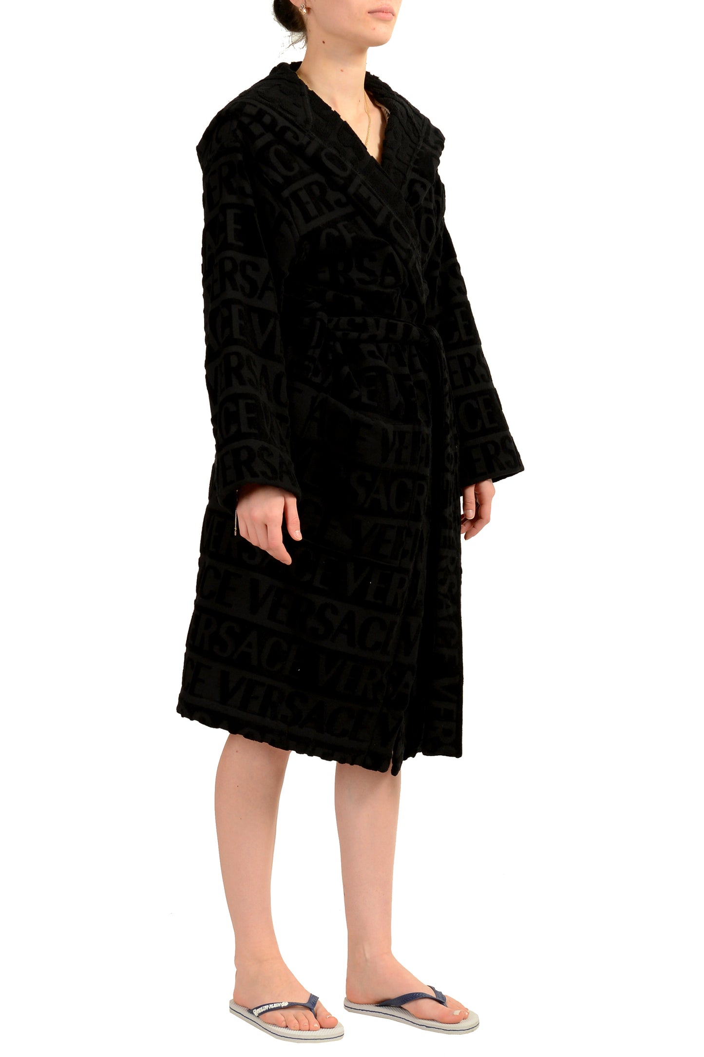 Versace Unisex Black Crystal 100% Cotton Hooded Belted Bathrobe Size S