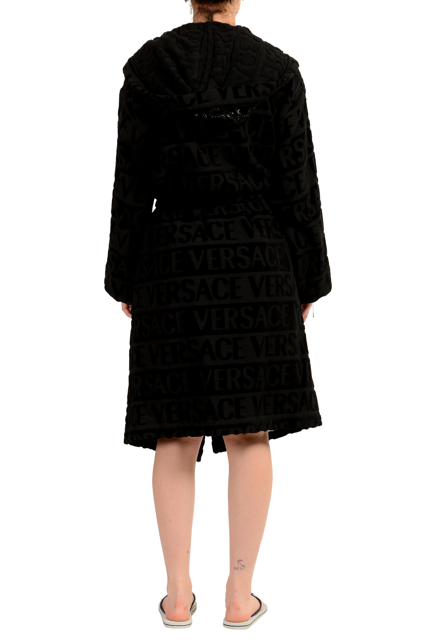 Versace Unisex Black Crystal 100% Cotton Hooded Belted Bathrobe Size S