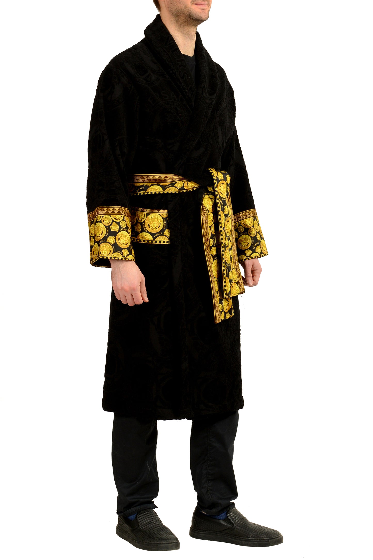 Versace Black Medusa Logo 100% Cotton Belted Bathrobe Size L