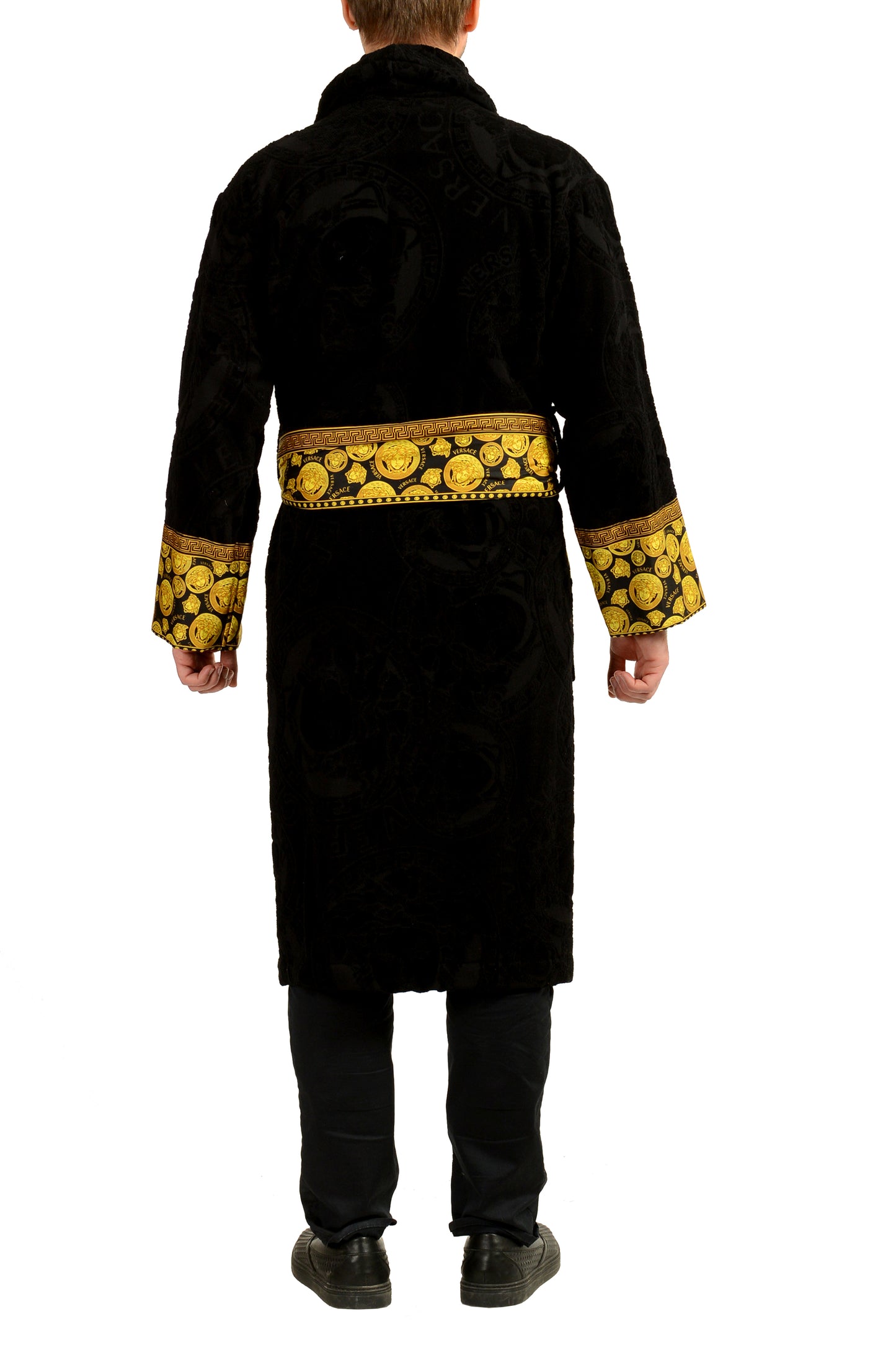 Versace Black Medusa Logo 100% Cotton Belted Bathrobe Size L