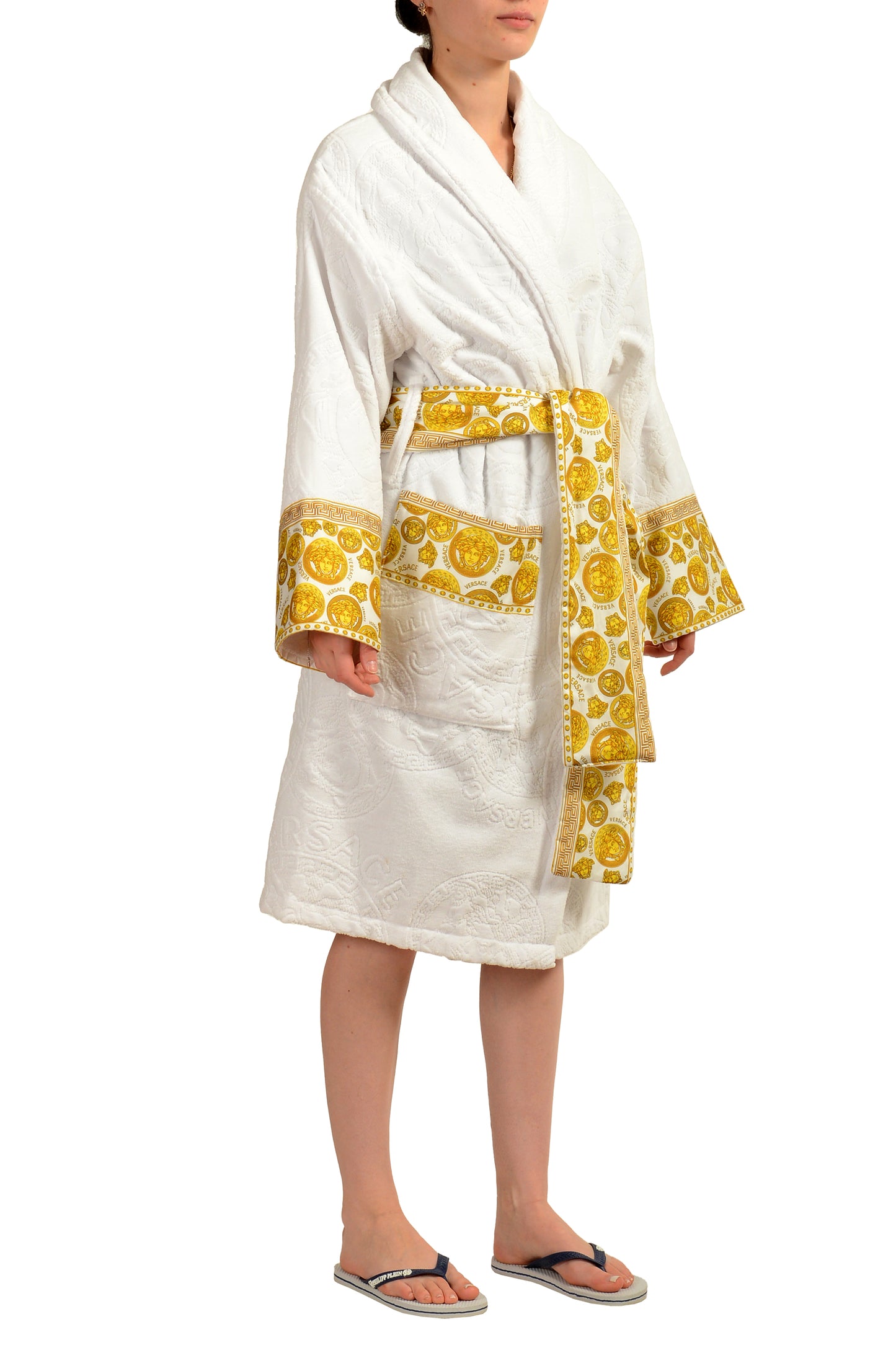 Versace White Medusa Logo 100% Cotton Belted Bathrobe Size S