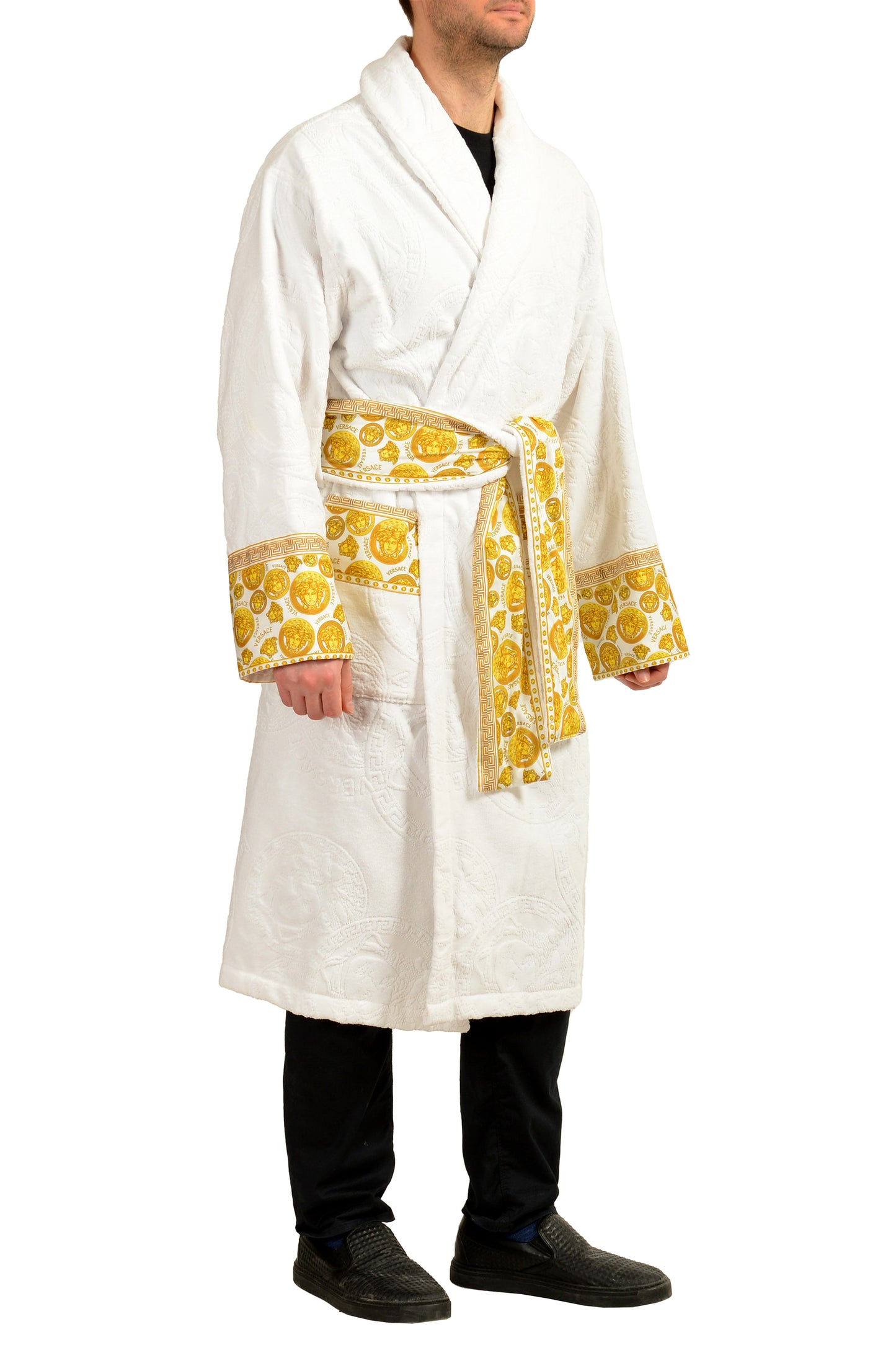 Versace White Medusa Logo 100% Cotton Belted Bathrobe Size S