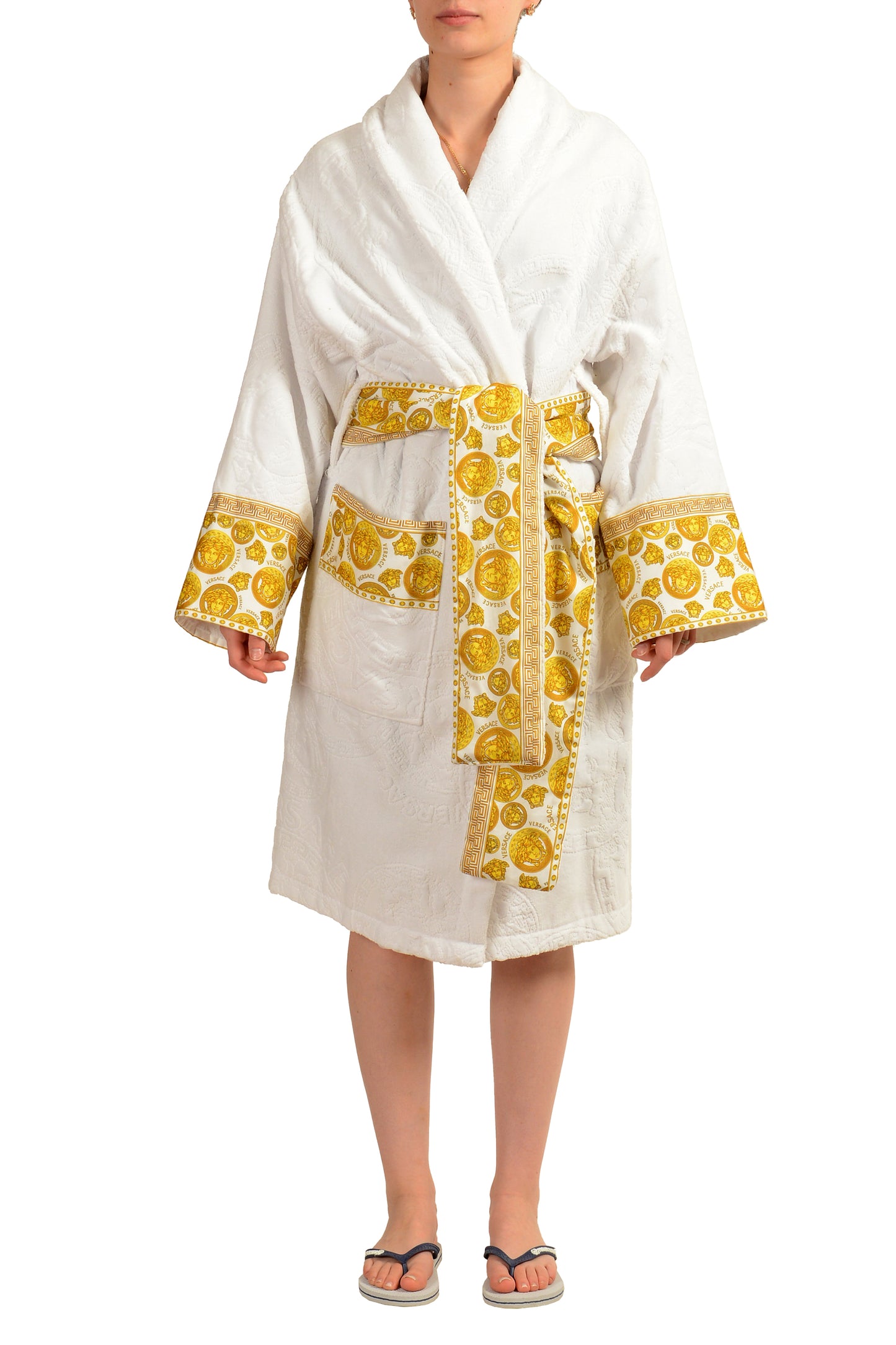 Versace White Medusa Logo 100% Cotton Belted Bathrobe Size S