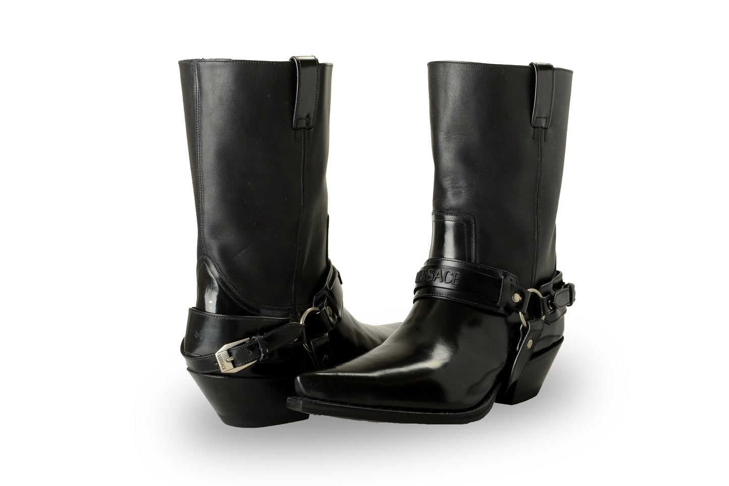 Versace Men's Black Leather Logo Cowboy Boots Shoes US 11 IT 44