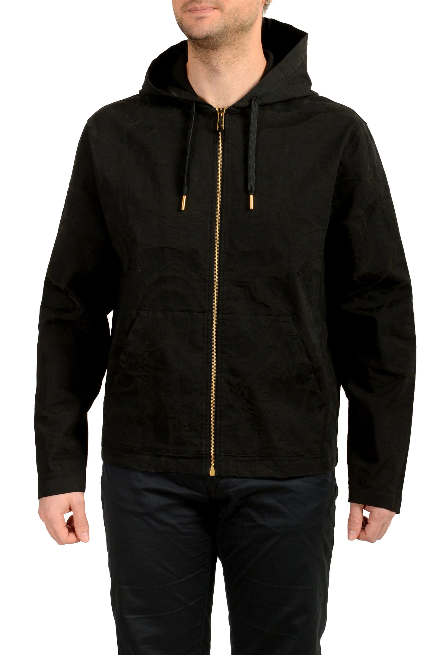Versace Men's Black Hooded Full Zip Barocco Jacquard Light Jacket US 2XL IT 56