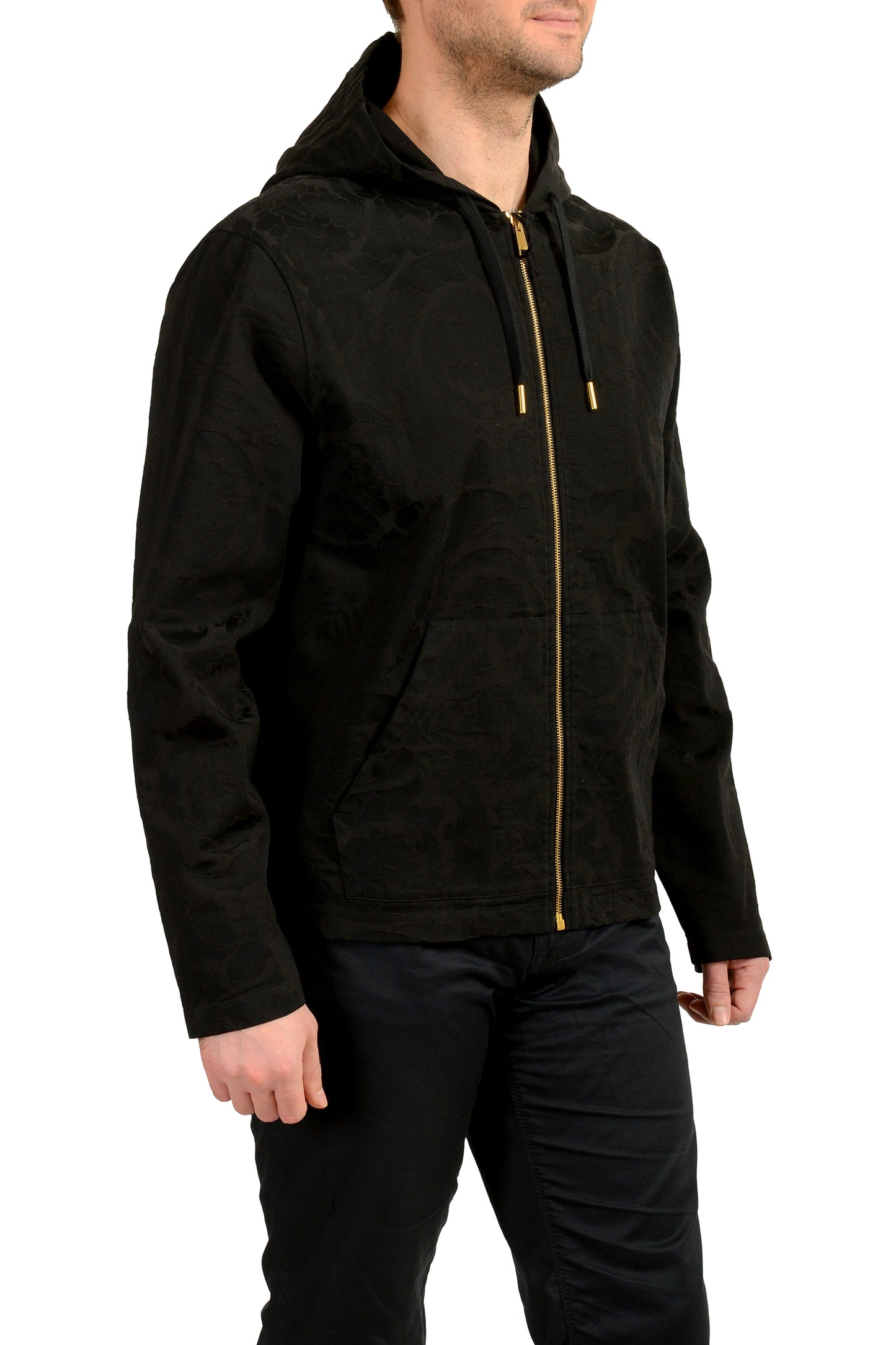 Versace Men's Black Hooded Full Zip Barocco Jacquard Light Jacket US 2XL IT 56