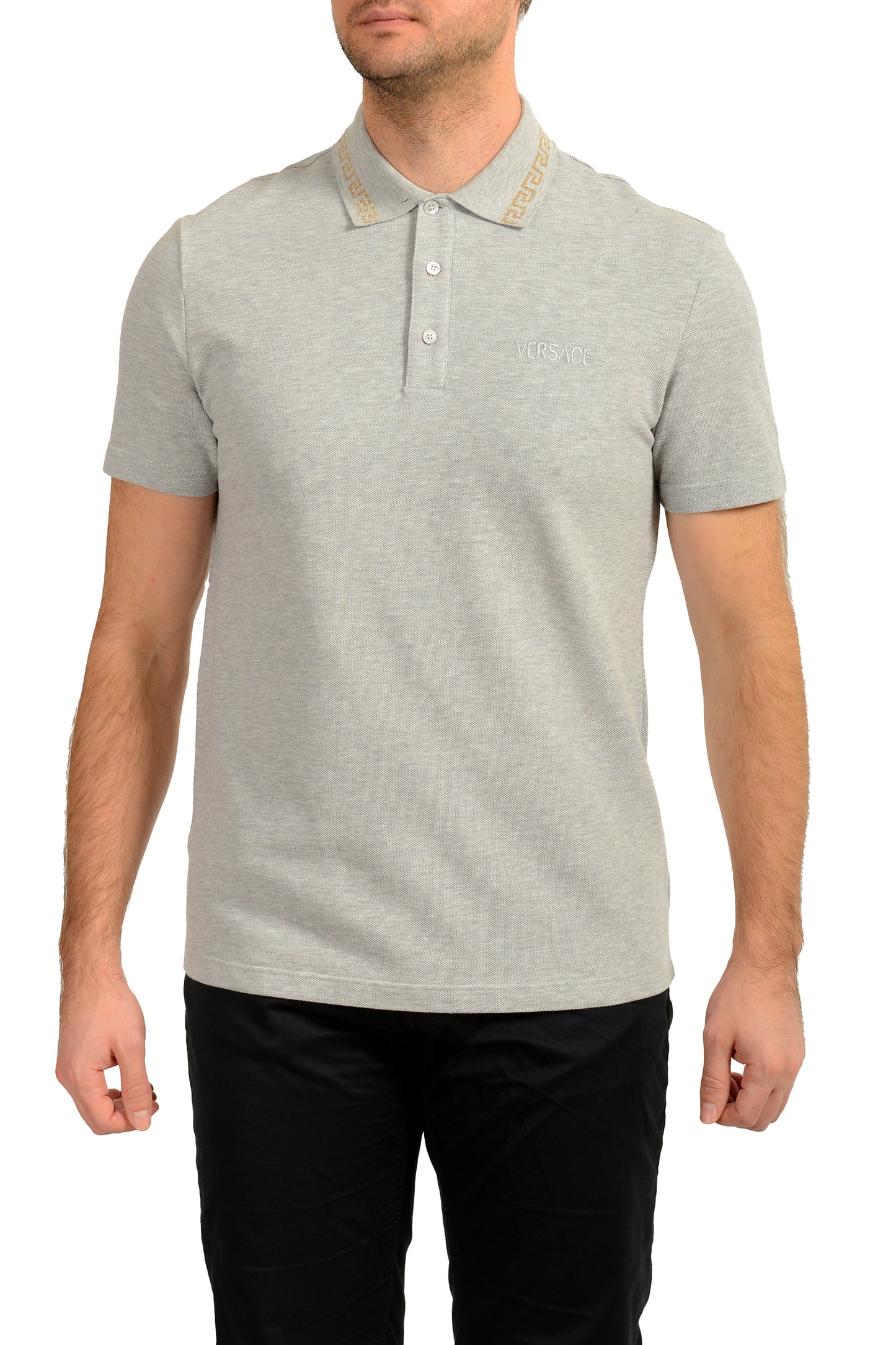 Versace Men's Gray Short Sleeve Logo Embroidery Polo Shirt US XL IT 54