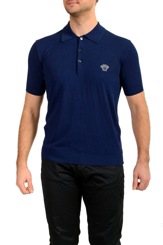 Versace Men's Blue Medusa Piquet Embroidery Knit Polo Shirt US S IT 48