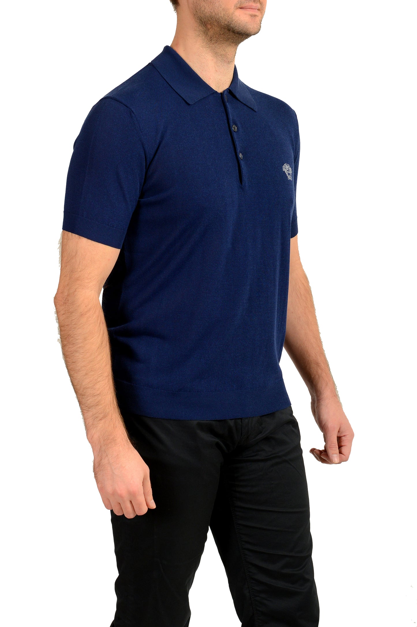 Versace Men's Blue Medusa Piquet Embroidery Knit Polo Shirt US S IT 48