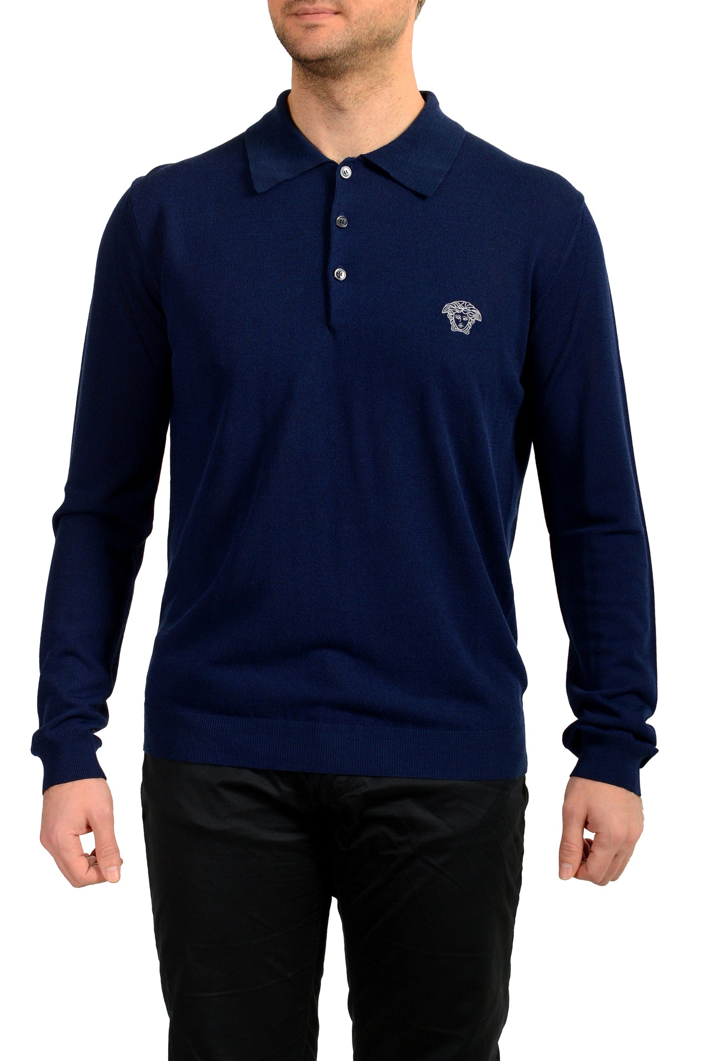 Versace Men's Blue Medusa Piquet Embroidery Knit L/S Polo Shirt US L IT 52