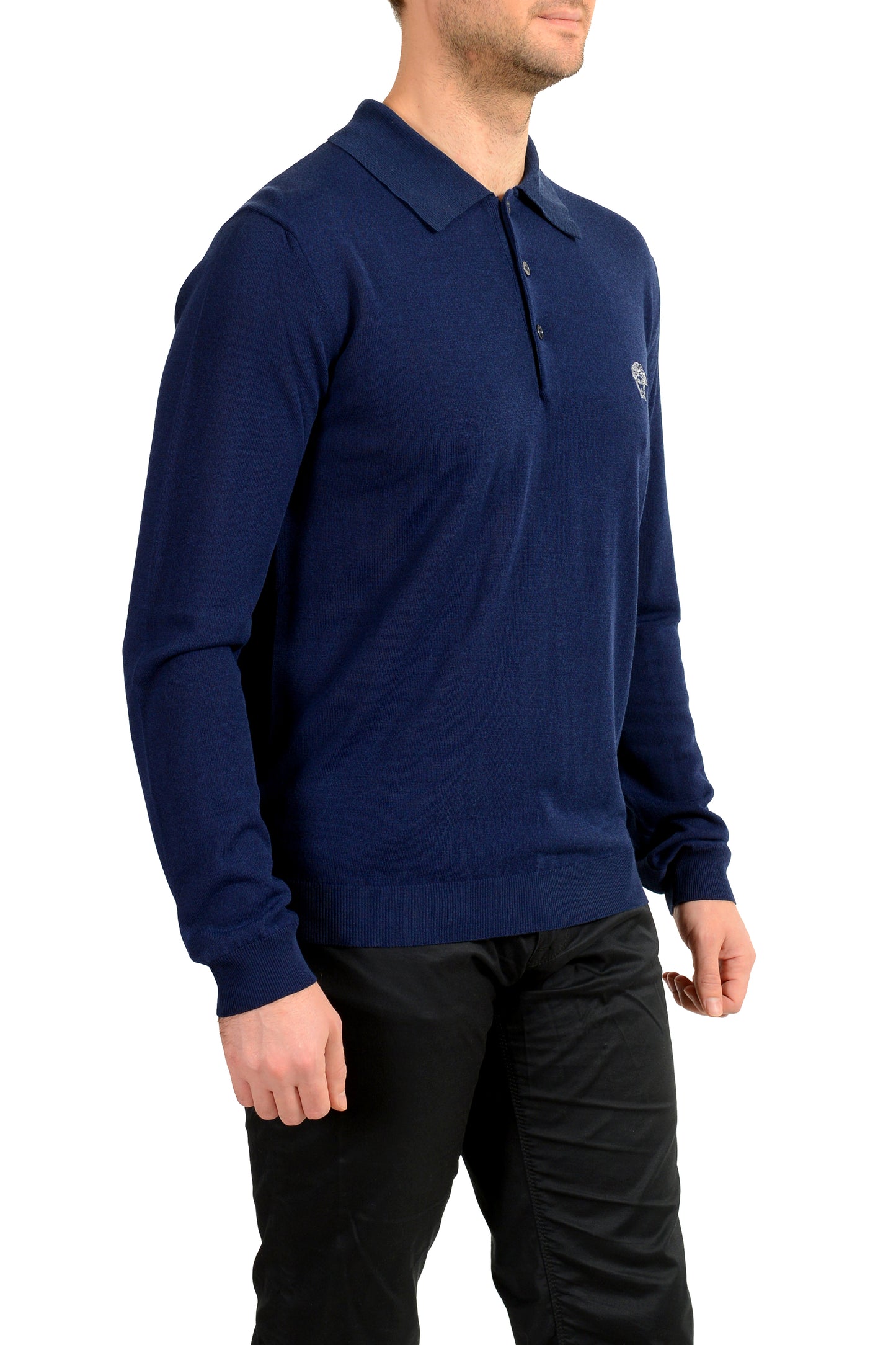 Versace Men's Blue Medusa Piquet Embroidery Knit L/S Polo Shirt US XL IT 54
