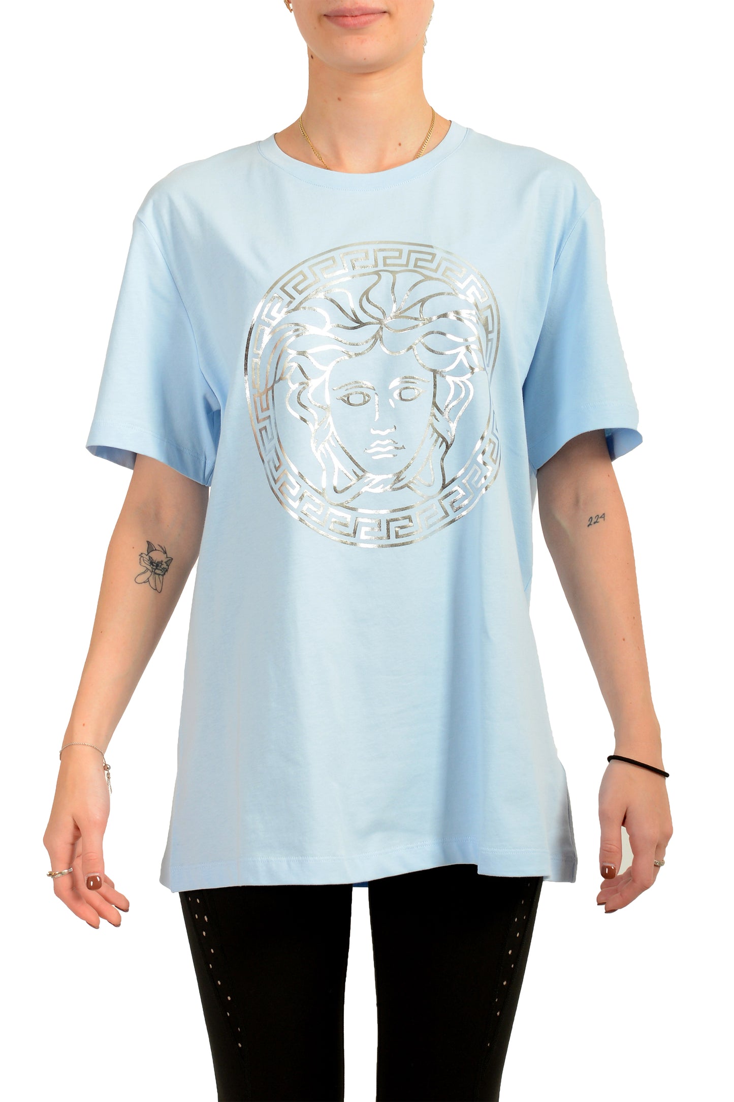 Versace Women's Silver/Blue Medusa Head Print Short Sleeve T-Shirt US XL IT 46