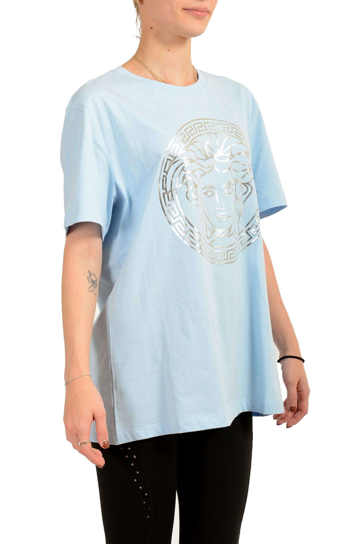 Versace Women's Silver/Blue Medusa Head Print Short Sleeve T-Shirt US XL IT 46