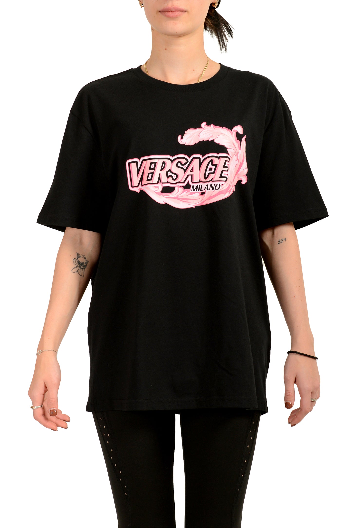 Versace Women's Pink/Black Logo Print Short Sleeve T-Shirt US XL IT 46