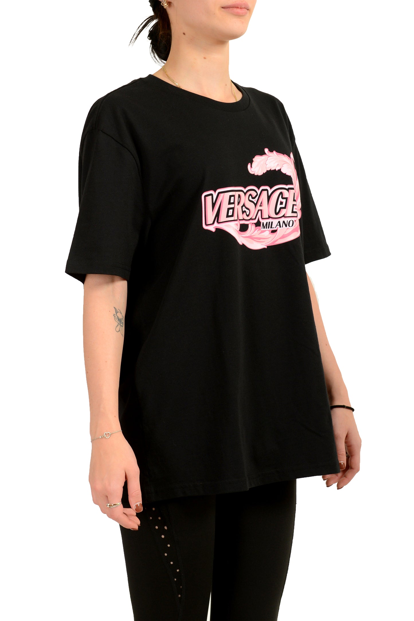 Versace Women's Pink/Black Logo Print Short Sleeve T-Shirt US XL IT 46