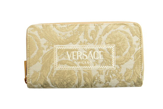Versace Women's Beige Logo Embroidery Jacquard Zip Around Wallet