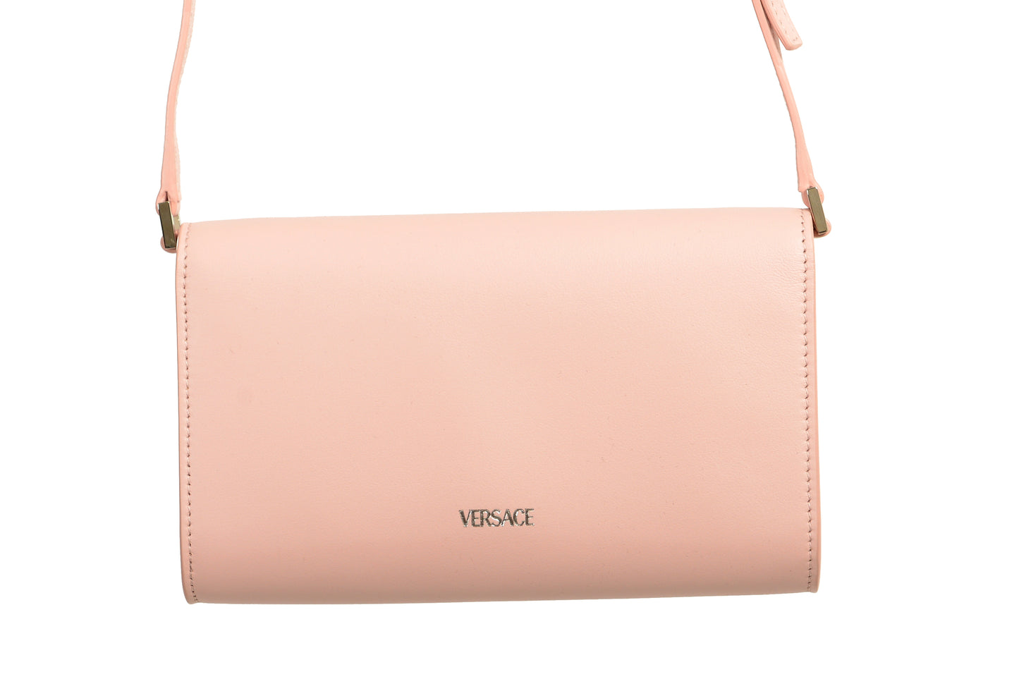 Versace Women's Pale Pink Leather Silver Medusa Clutch Wallet Shoulder Bag