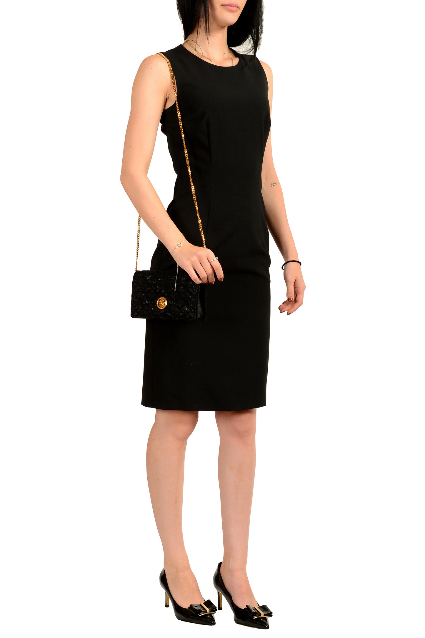 Versace Women's Black Wool Leather Gold Medusa Quilted Clutch Chain Shoulder Bag