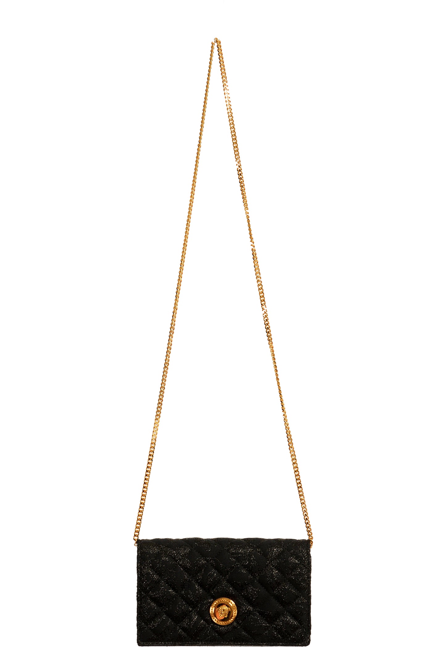 Versace Women's Black Wool Leather Gold Medusa Quilted Clutch Chain Shoulder Bag