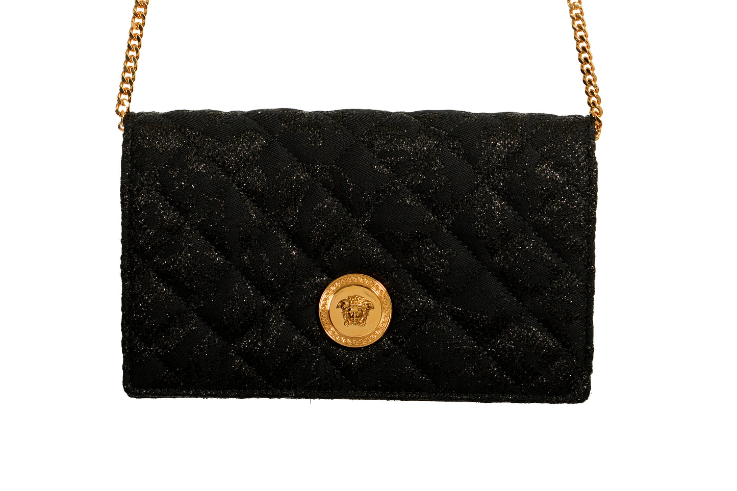 Versace Women's Black Wool Leather Gold Medusa Quilted Clutch Chain Shoulder Bag