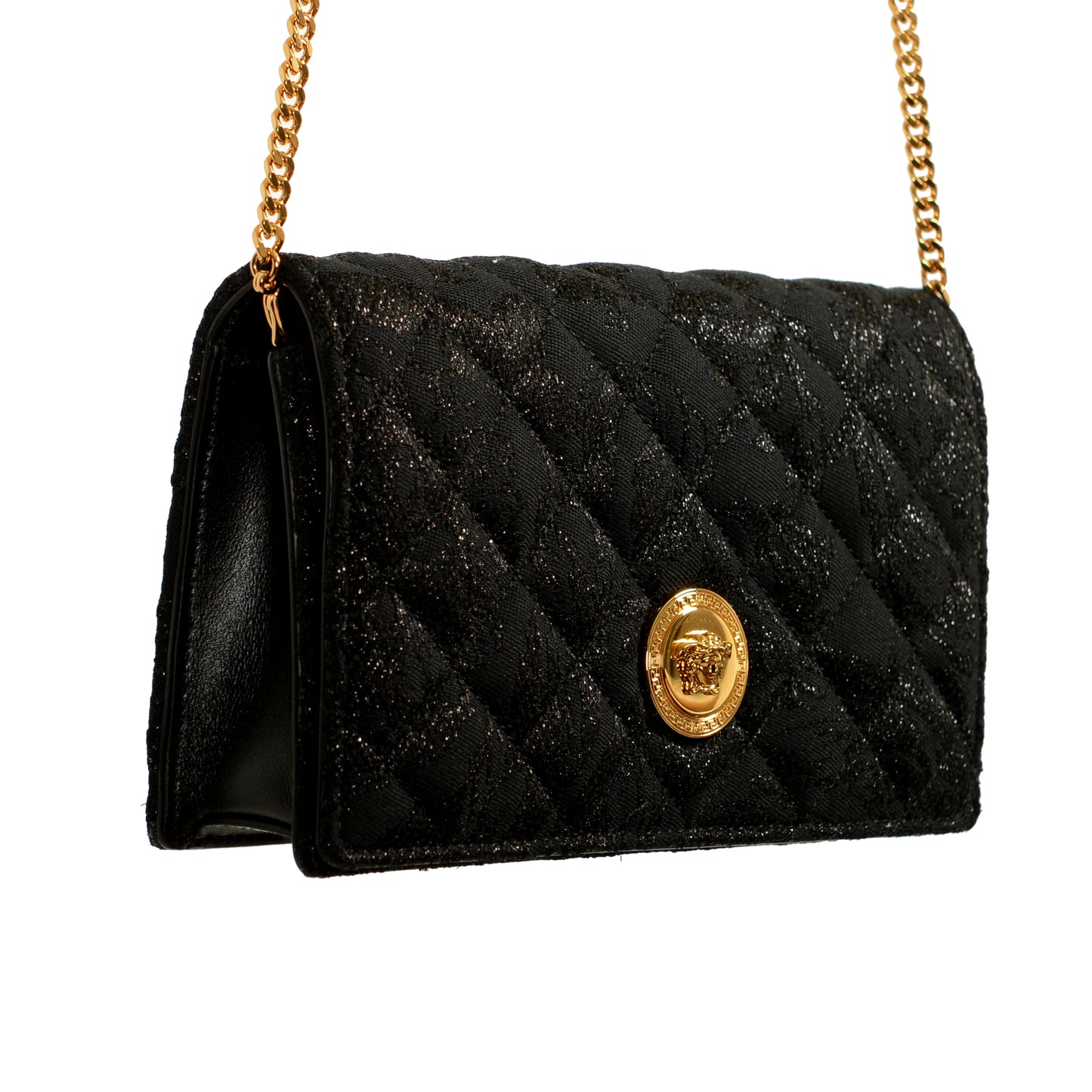 Versace Women's Black Wool Leather Gold Medusa Quilted Clutch Chain Shoulder Bag
