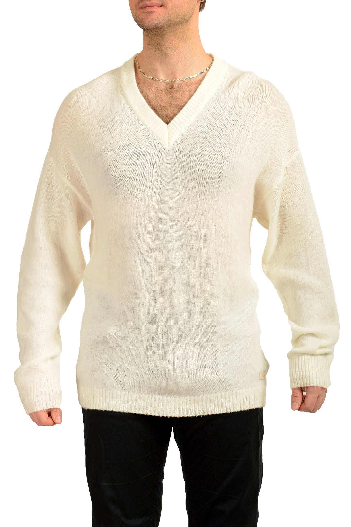 Scuderia Ferrari Men's Ivory 100%Wool V-Neck Pullover Sweater US XS IT 46