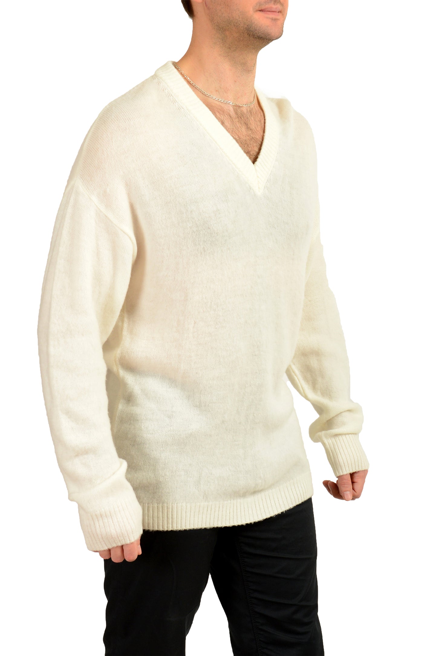 Scuderia Ferrari Men's Ivory 100%Wool V-Neck Pullover Sweater US L IT 52