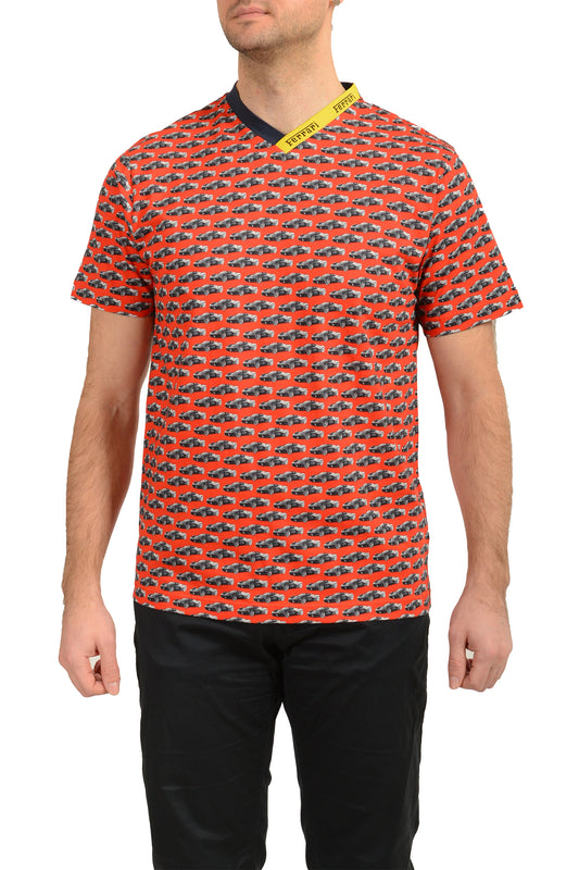 Scuderia Ferrari Men "Allover" Logo V-Neck Short Sleeve T-Shirt US S IT 48