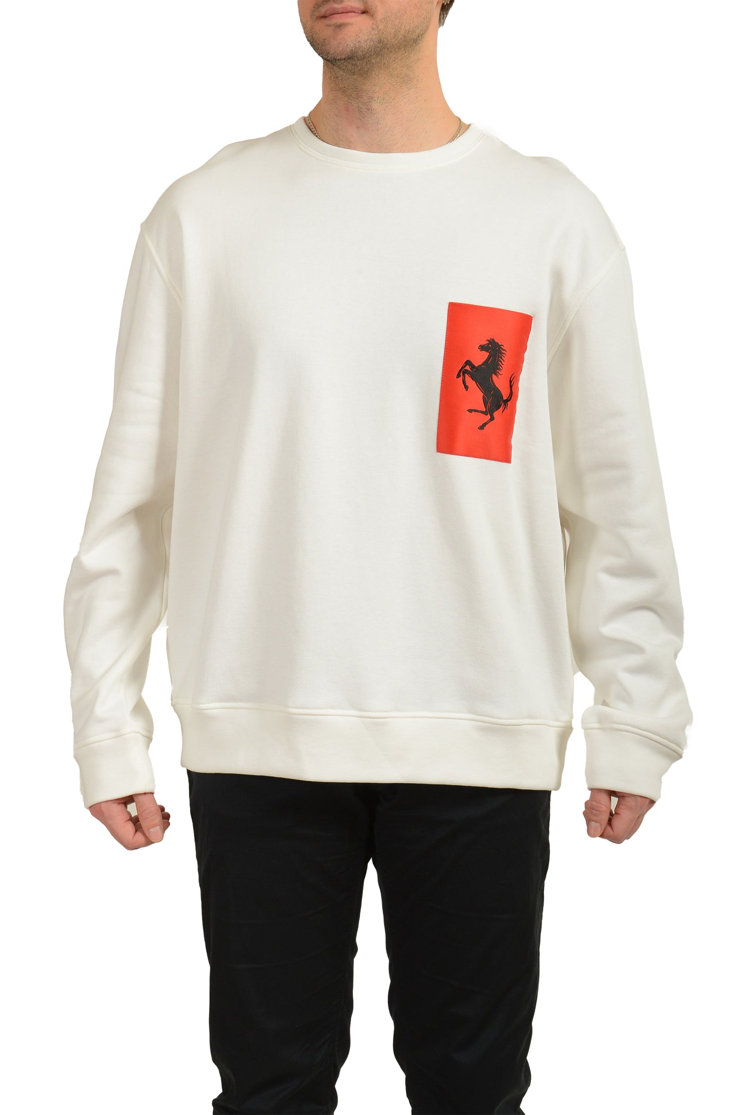 Scuderia Ferrari Men's White C-Neck Label Pocket Sweater Sweatshirt US 2XL IT 56