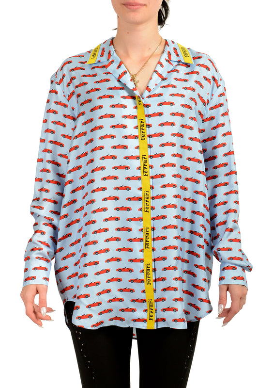 Scuderia Ferrari Women's Logo Print 100% Silk Button Down Shirt US L IT 44