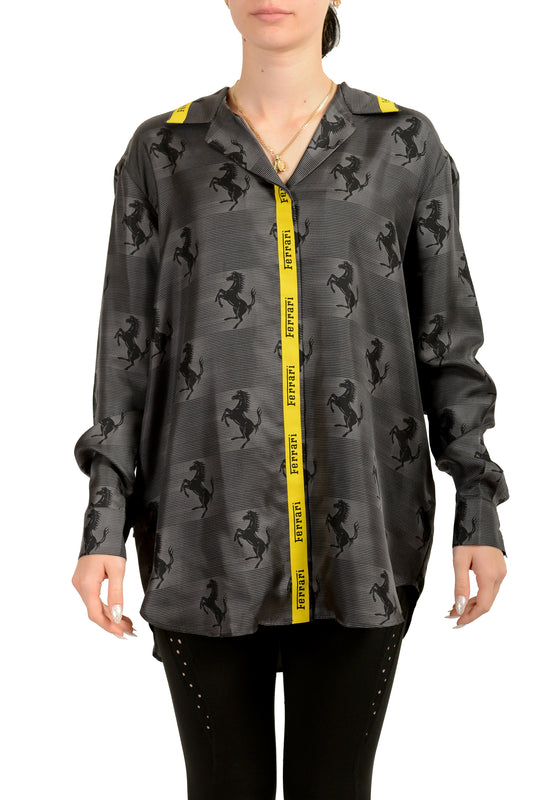 Scuderia Ferrari Women's Logo Print 100% Silk Button Down Shirt US 2XL IT 48