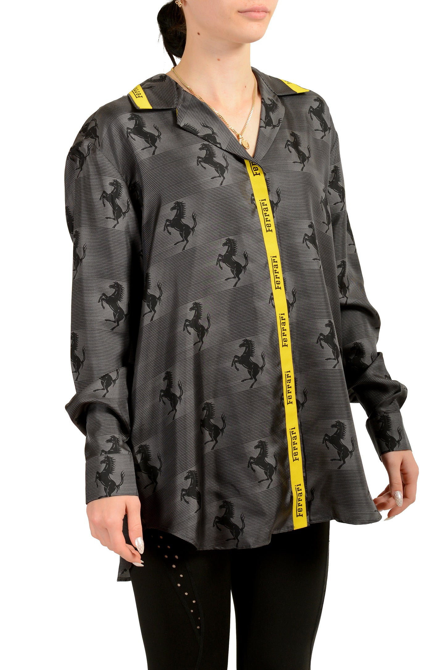 Scuderia Ferrari Women's Logo Print 100% Silk Button Down Shirt US 2XL IT 48