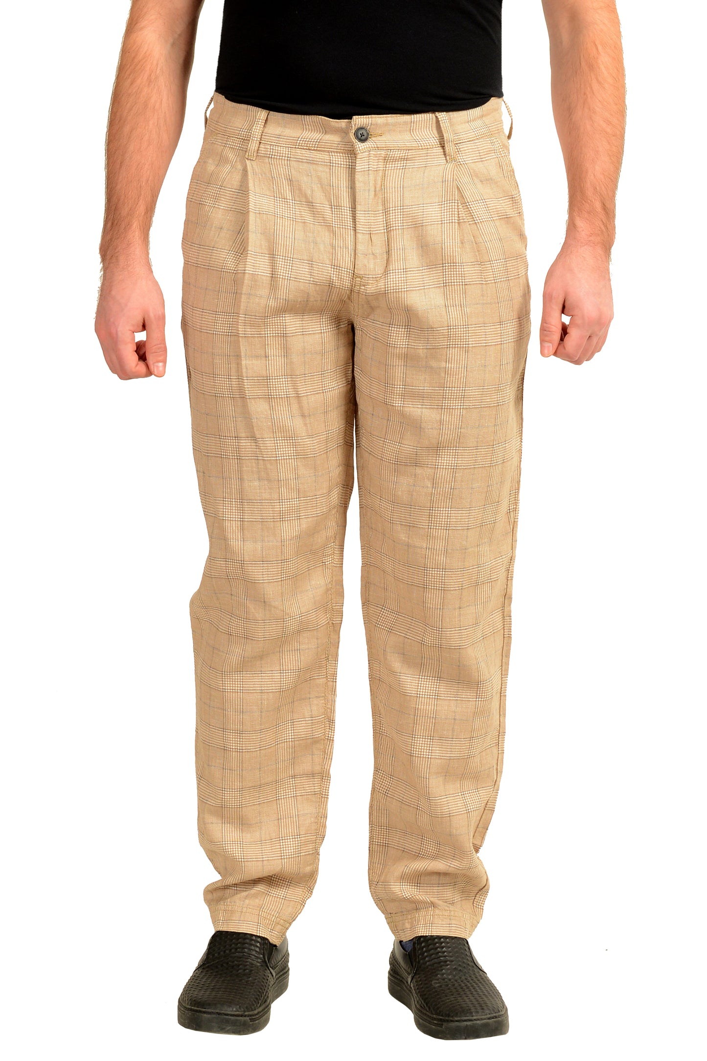 Hugo Boss "Samson1" Beige Linen Plaid Pleated Front Pants US 32R IT 48