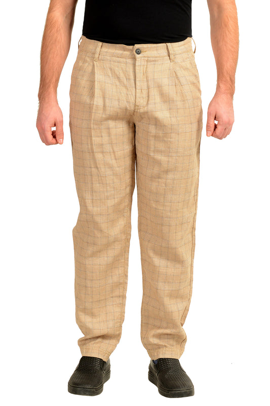 Hugo Boss "Samson1" Beige Linen Plaid Pleated Front Pants US 32R IT 48