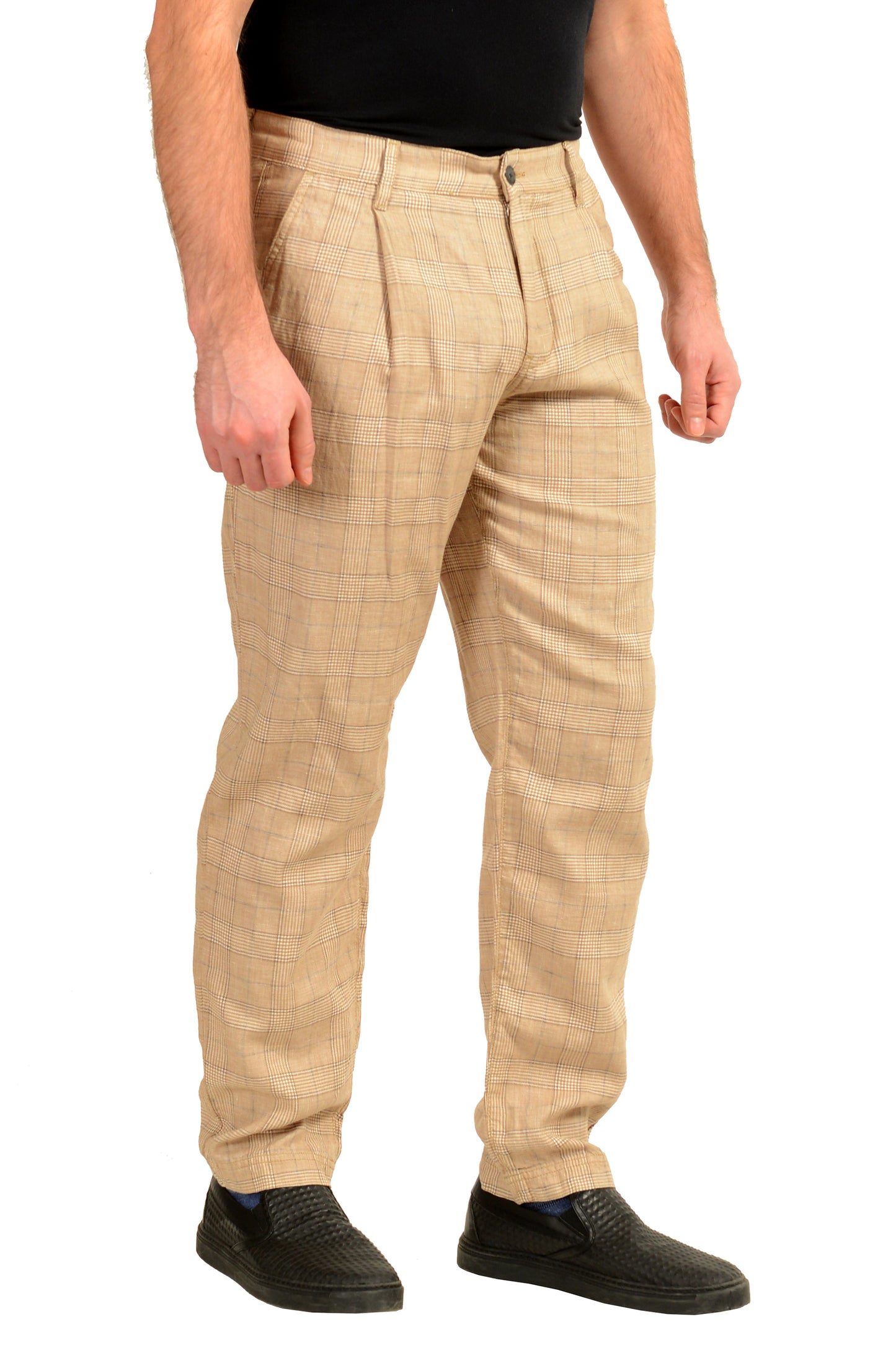 Hugo Boss "Samson1" Beige Linen Plaid Pleated Front Pants US 32R IT 48