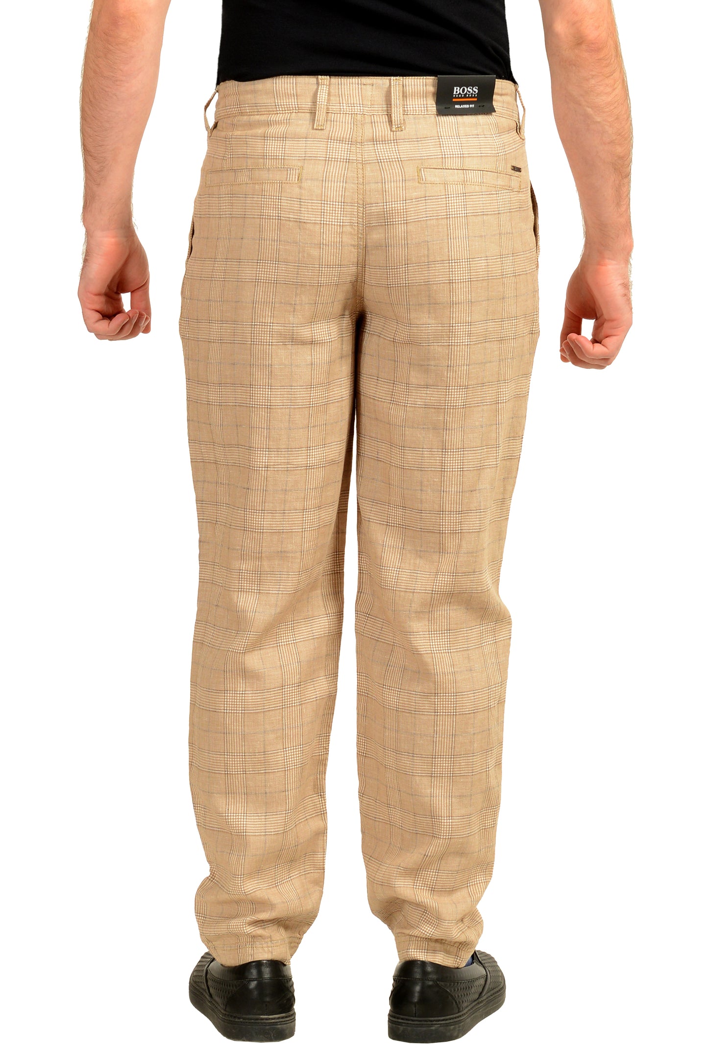 Hugo Boss "Samson1" Beige Linen Plaid Pleated Front Pants US 32R IT 48