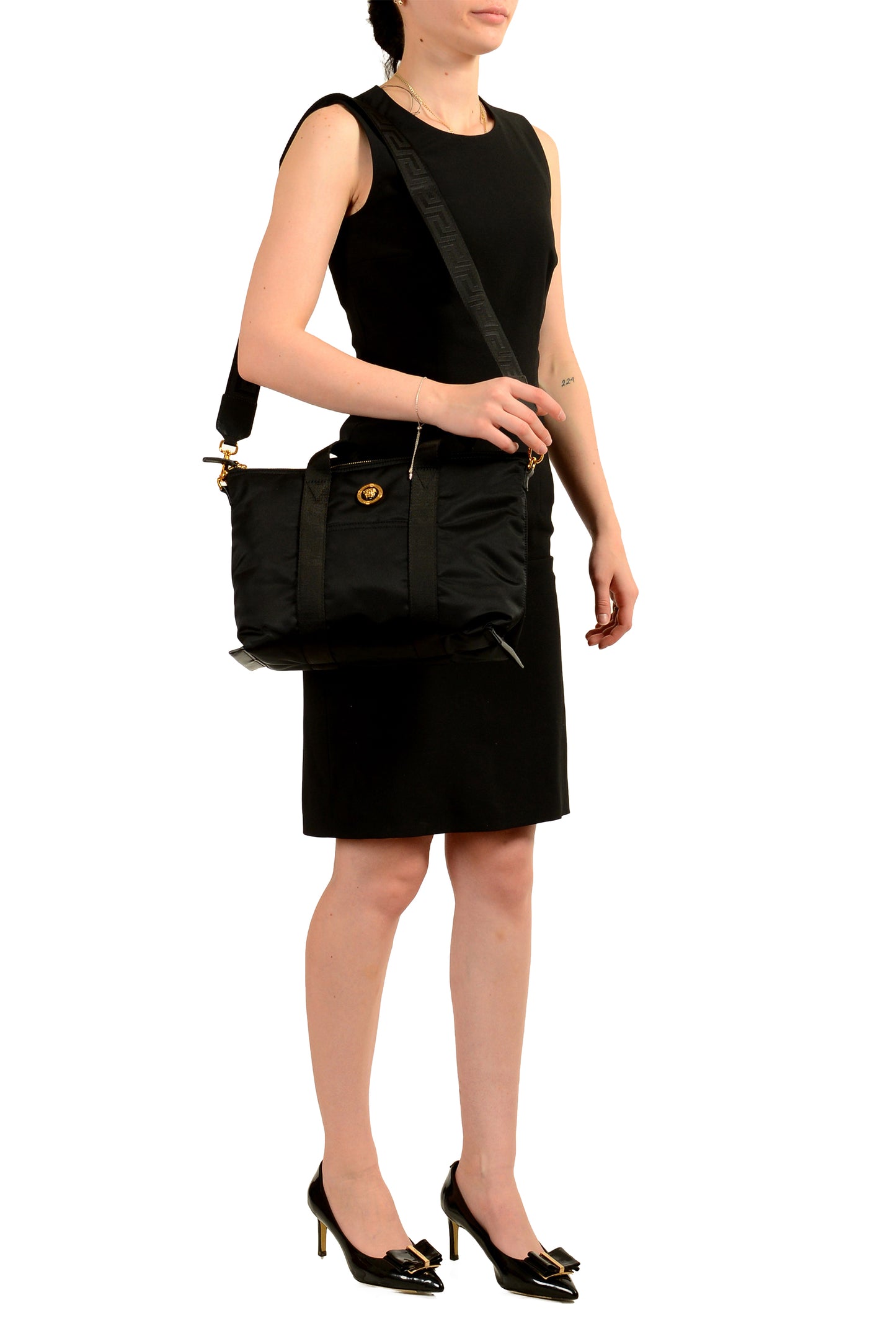 Versace Black Nylon Gold Medusa Logo Tote Handbag Shoulder Bag