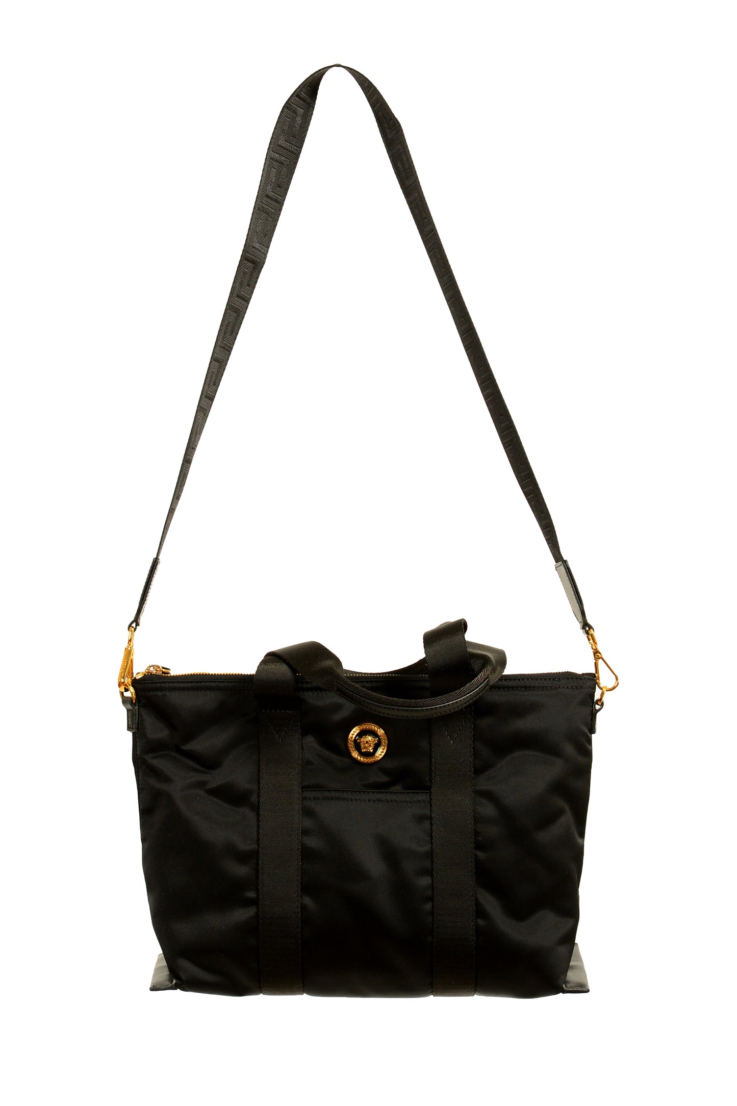 Versace Black Nylon Gold Medusa Logo Tote Handbag Shoulder Bag