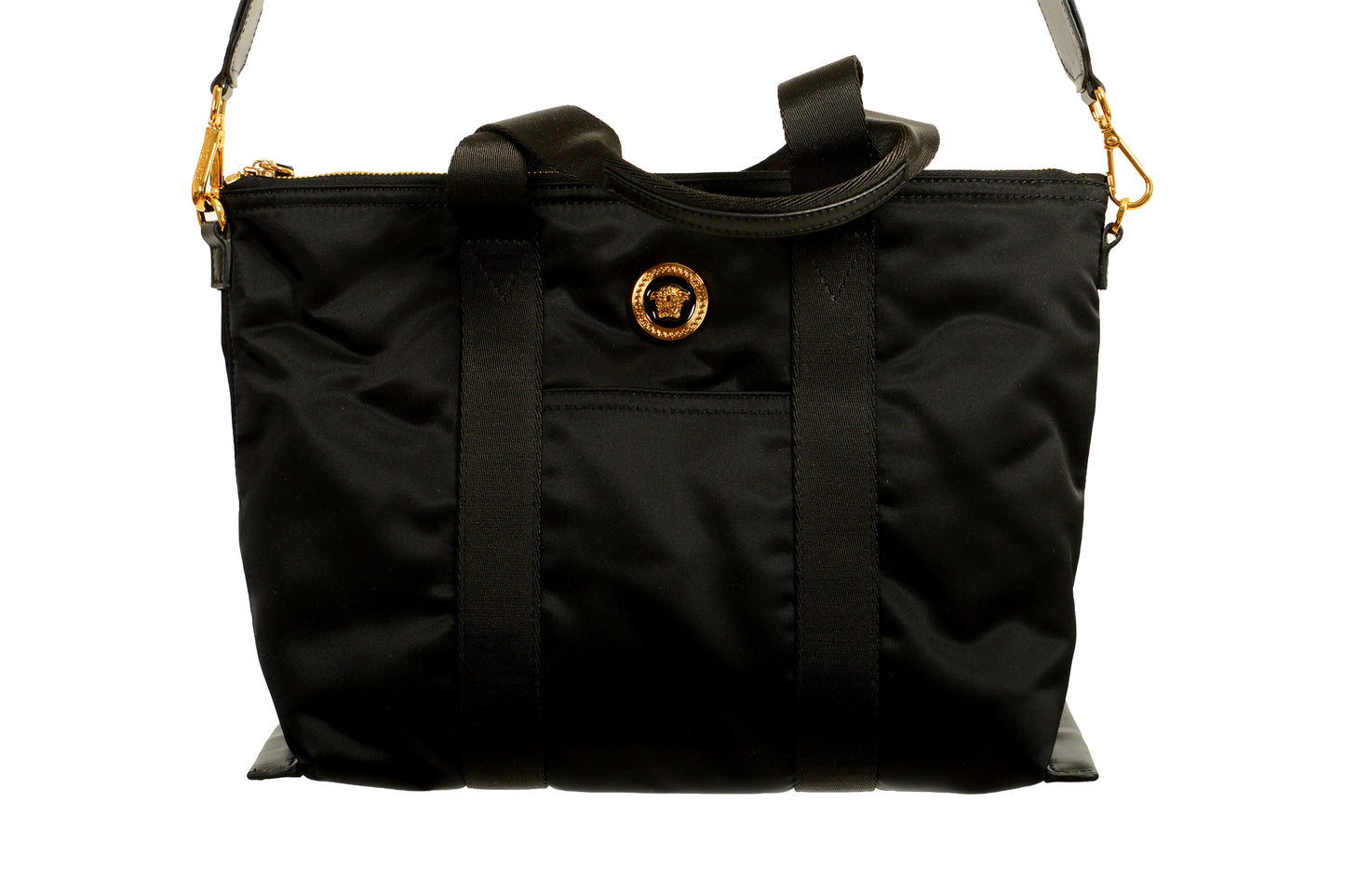 Versace Black Nylon Gold Medusa Logo Tote Handbag Shoulder Bag