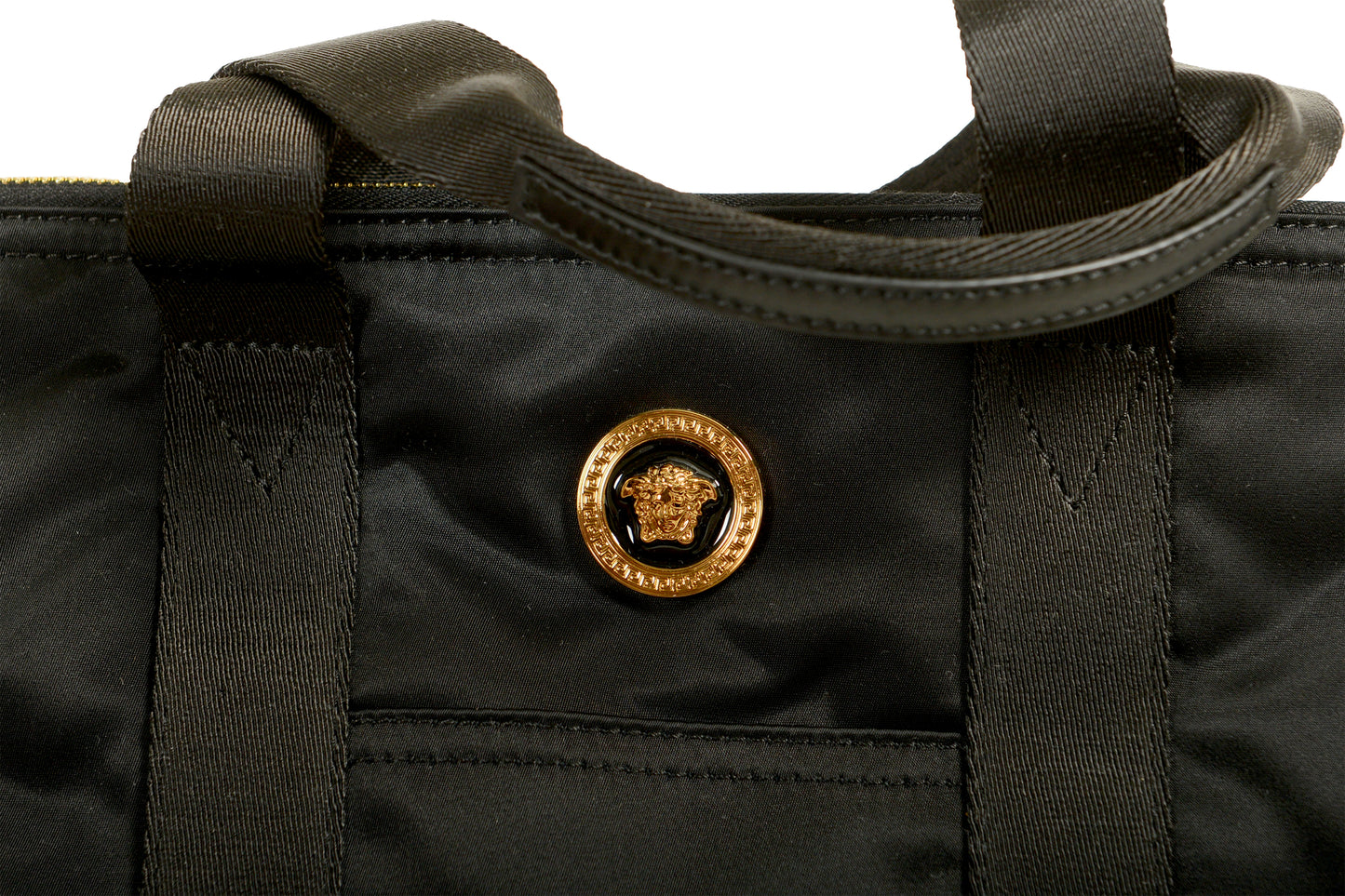 Versace Black Nylon Gold Medusa Logo Tote Handbag Shoulder Bag