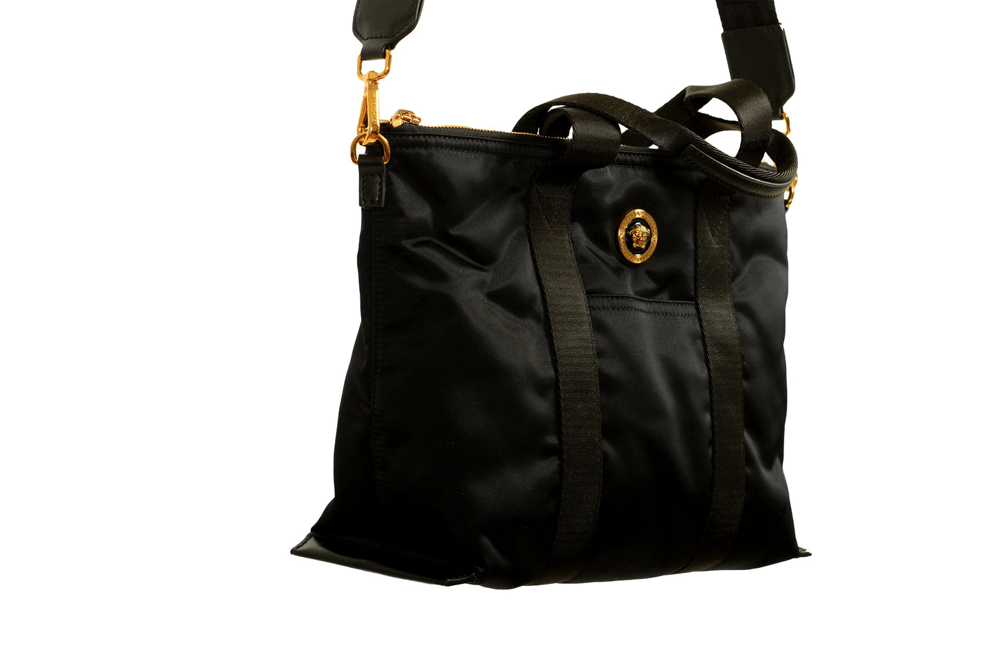Versace Black Nylon Gold Medusa Logo Tote Handbag Shoulder Bag