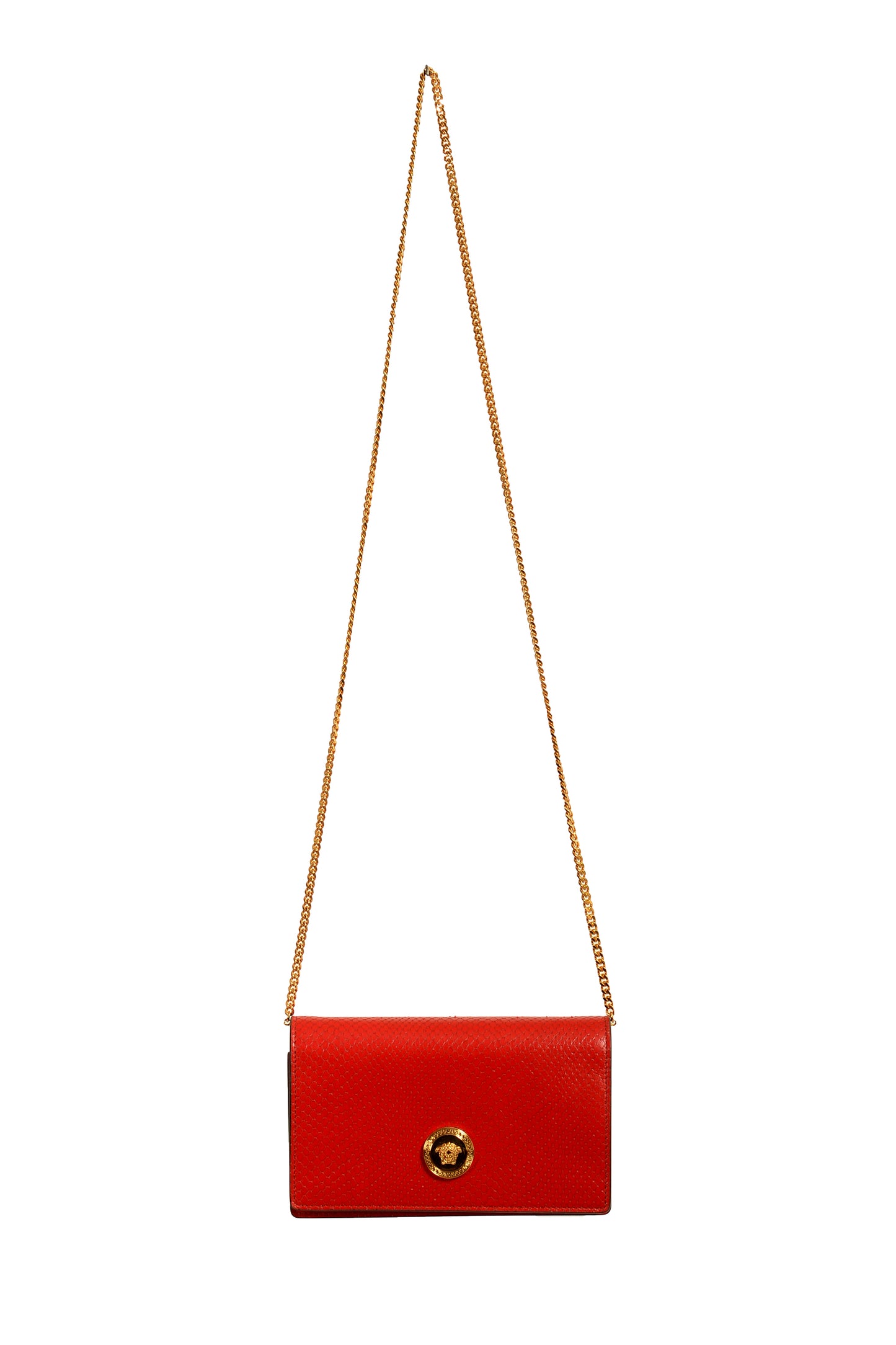 Versace Red 100% Leather Snake Skin Print Gold Medusa Chain Clutch Shoulder Bag