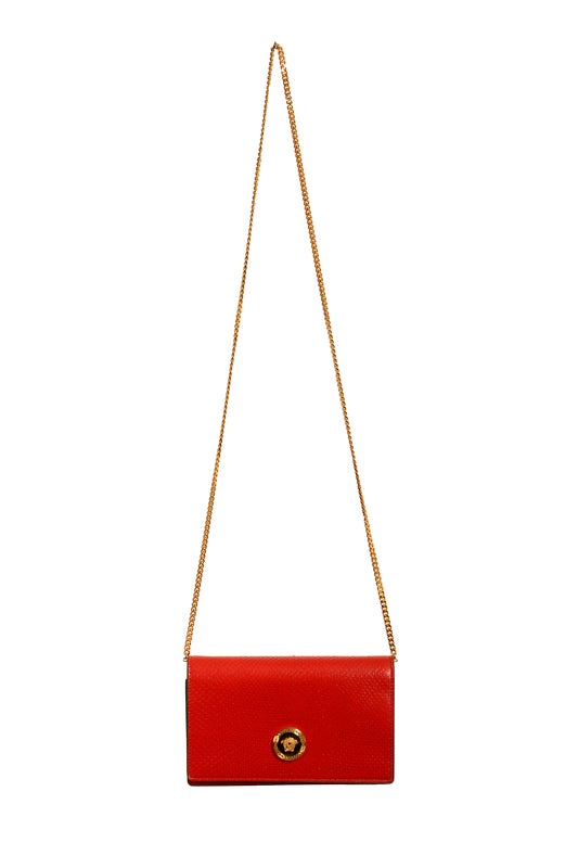 Versace Red 100% Leather Snake Skin Print Gold Medusa Chain Clutch Shoulder Bag