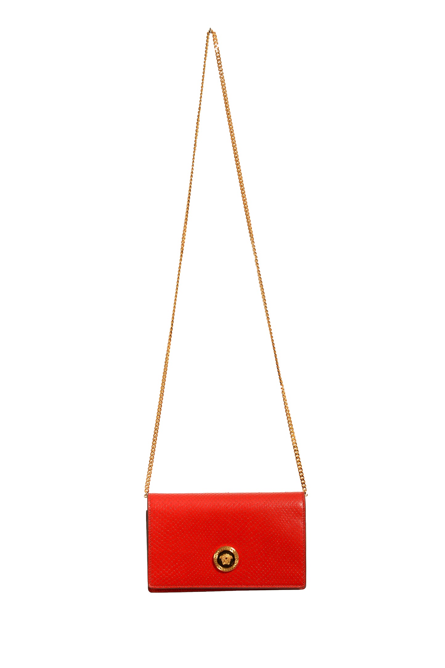 Versace Red 100% Leather Snake Skin Print Gold Medusa Chain Clutch Shoulder Bag