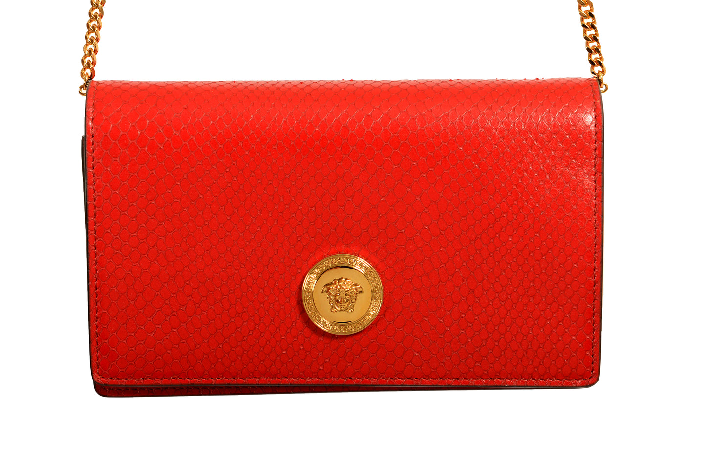 Versace Red 100% Leather Snake Skin Print Gold Medusa Chain Clutch Shoulder Bag
