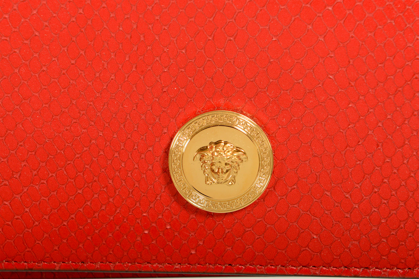 Versace Red 100% Leather Snake Skin Print Gold Medusa Chain Clutch Shoulder Bag