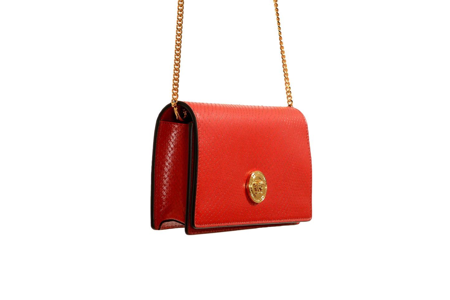 Versace Red 100% Leather Snake Skin Print Gold Medusa Chain Clutch Shoulder Bag