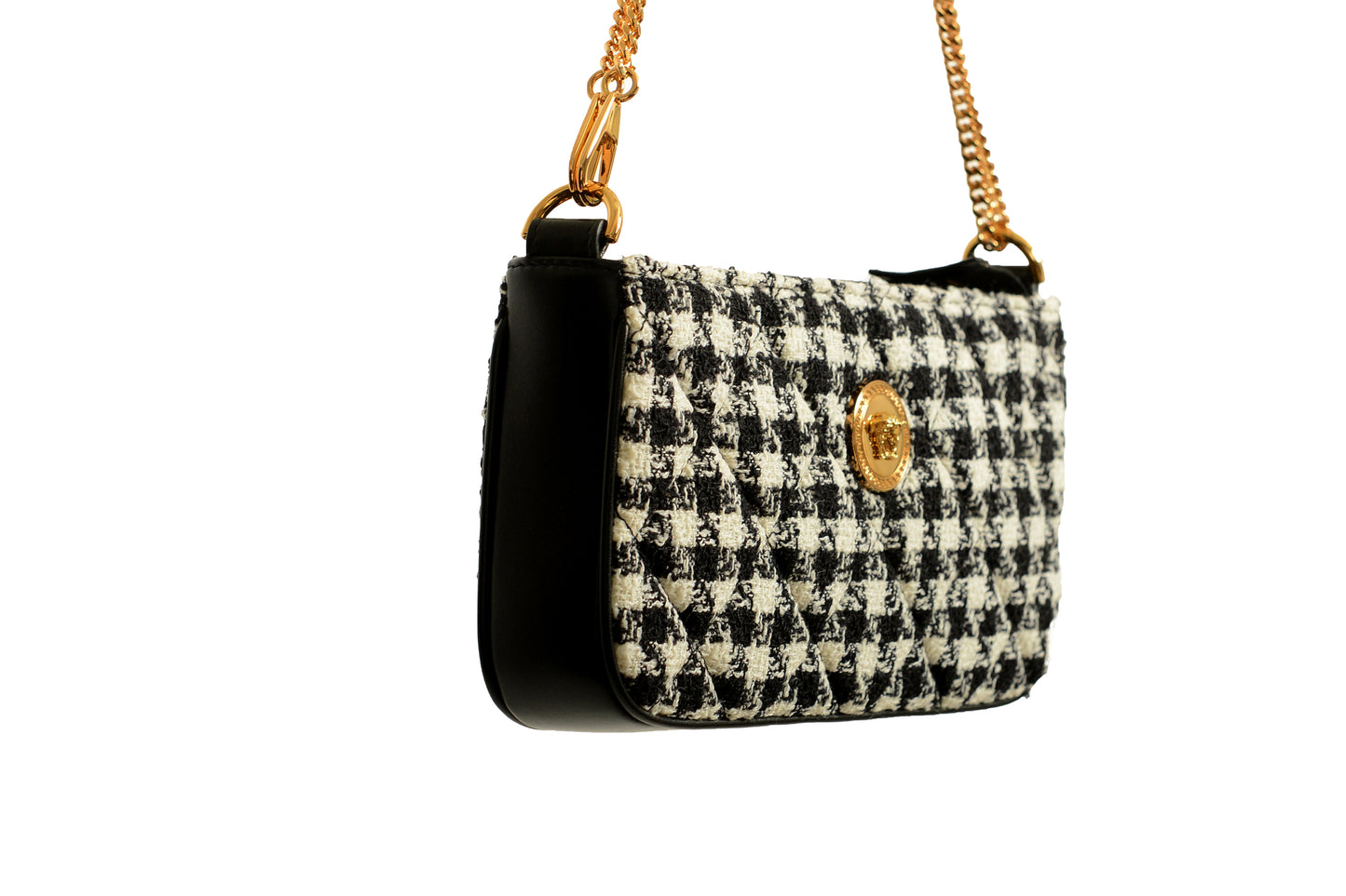 Versace Women's Tweed Wool Gold Medusa Quilted Clutch Shoulder Bag