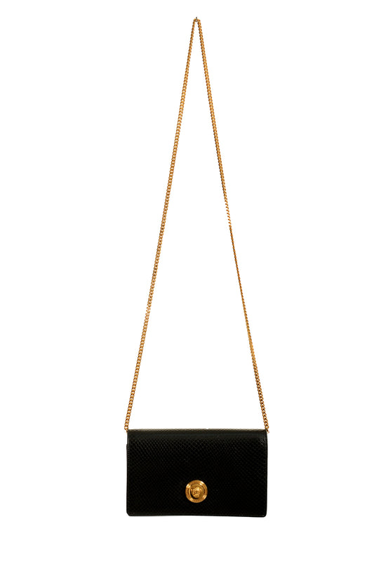 Versace Black 100%Leather Snake Skin Print Gold Medusa Chain Clutch Shoulder Bag