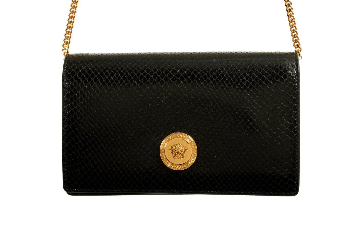 Versace Black 100%Leather Snake Skin Print Gold Medusa Chain Clutch Shoulder Bag